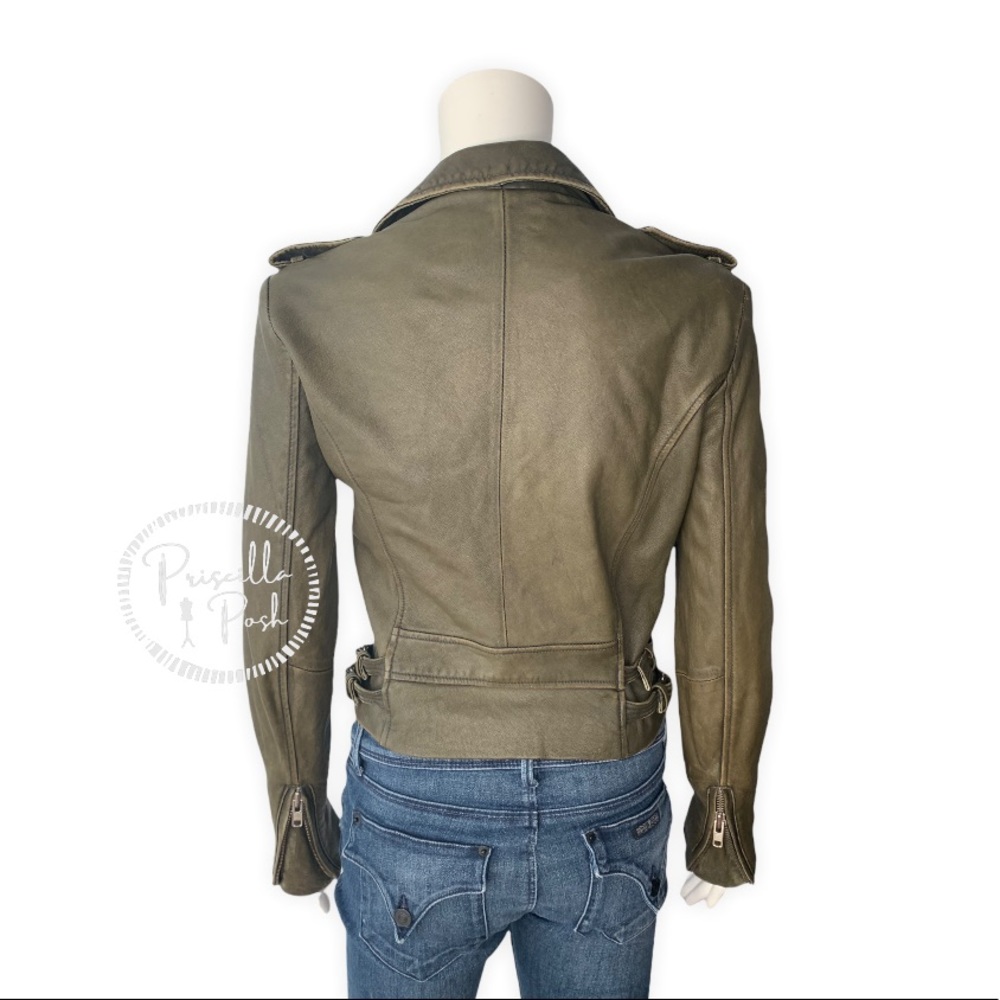 IRO Olive Green Ashville Leather Cropped Distressed Moto Jacket - Picture 8 of 16